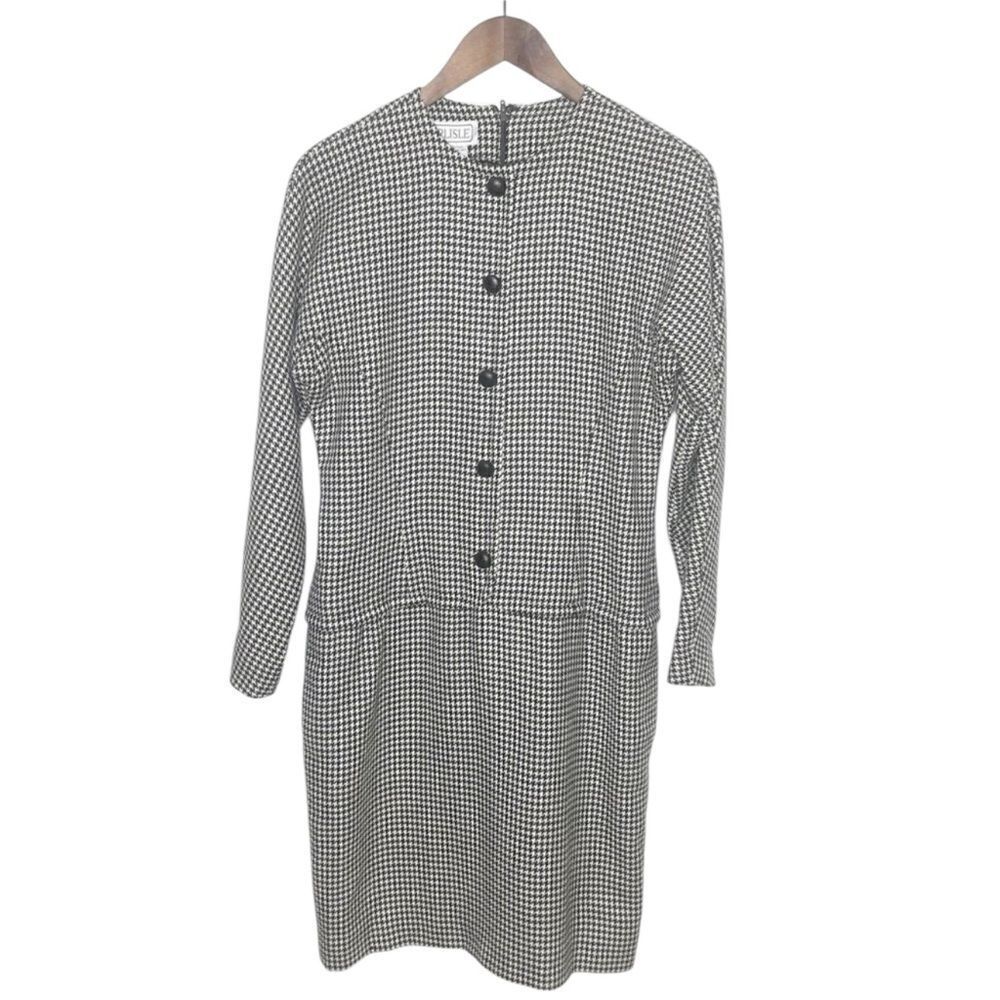 Carlisle Houndstooth Print Long Sleeve Crew Neck Midi Dress Wool Size 8